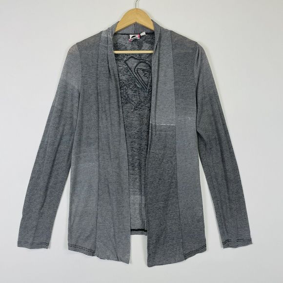 Roxy Logo Grey Black‎ Stripe Lightweight Cardigan Topper Top Cover Womens Medium - Picture 1 of 7